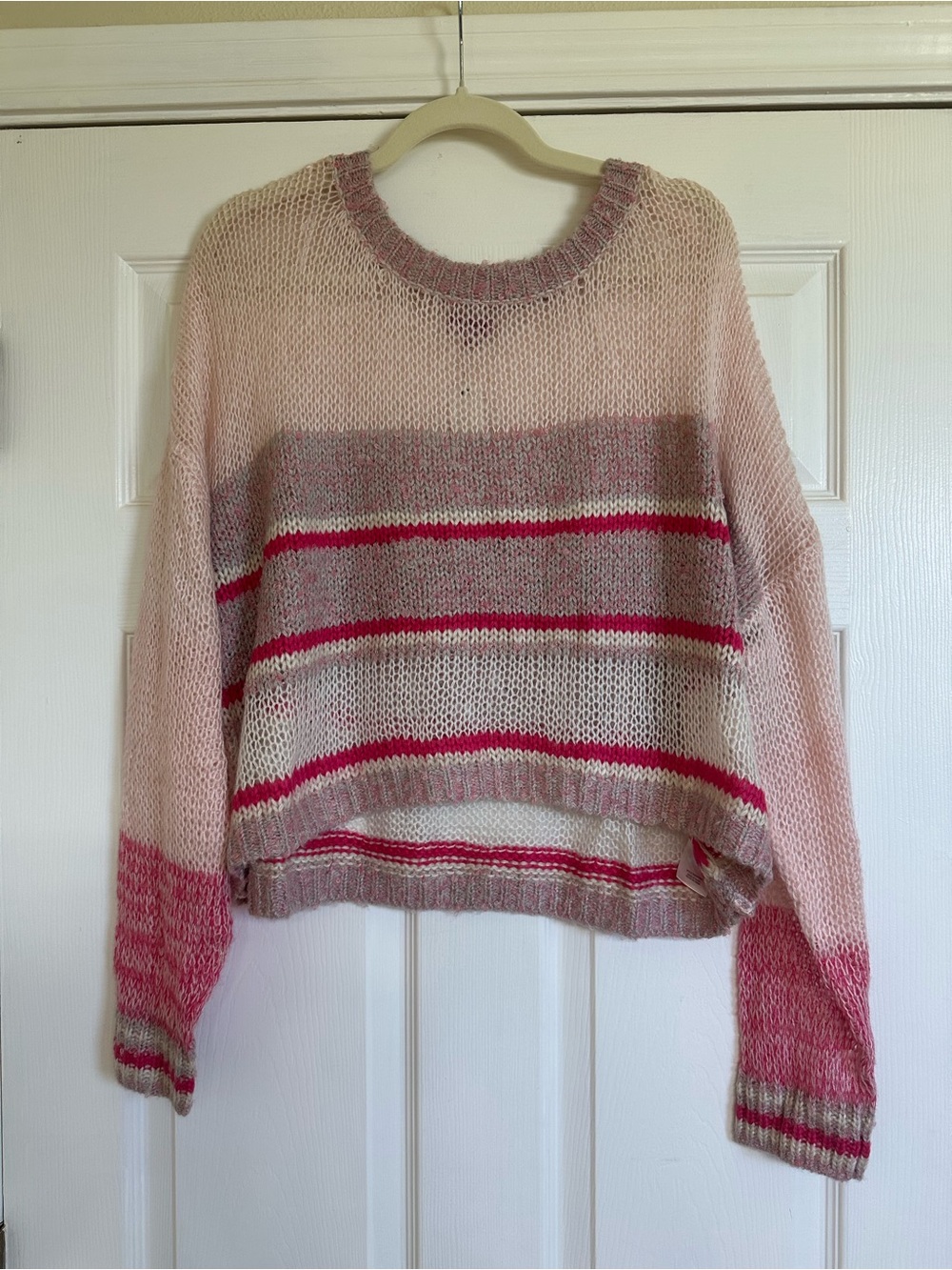 Francesca's Collections Pink & Cream Striped Open Knit Sweater